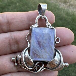VTG Artisan‎ Pendant 2" Moonstone Labradorite Gemstone Ornate 925 Sterling 16.9g